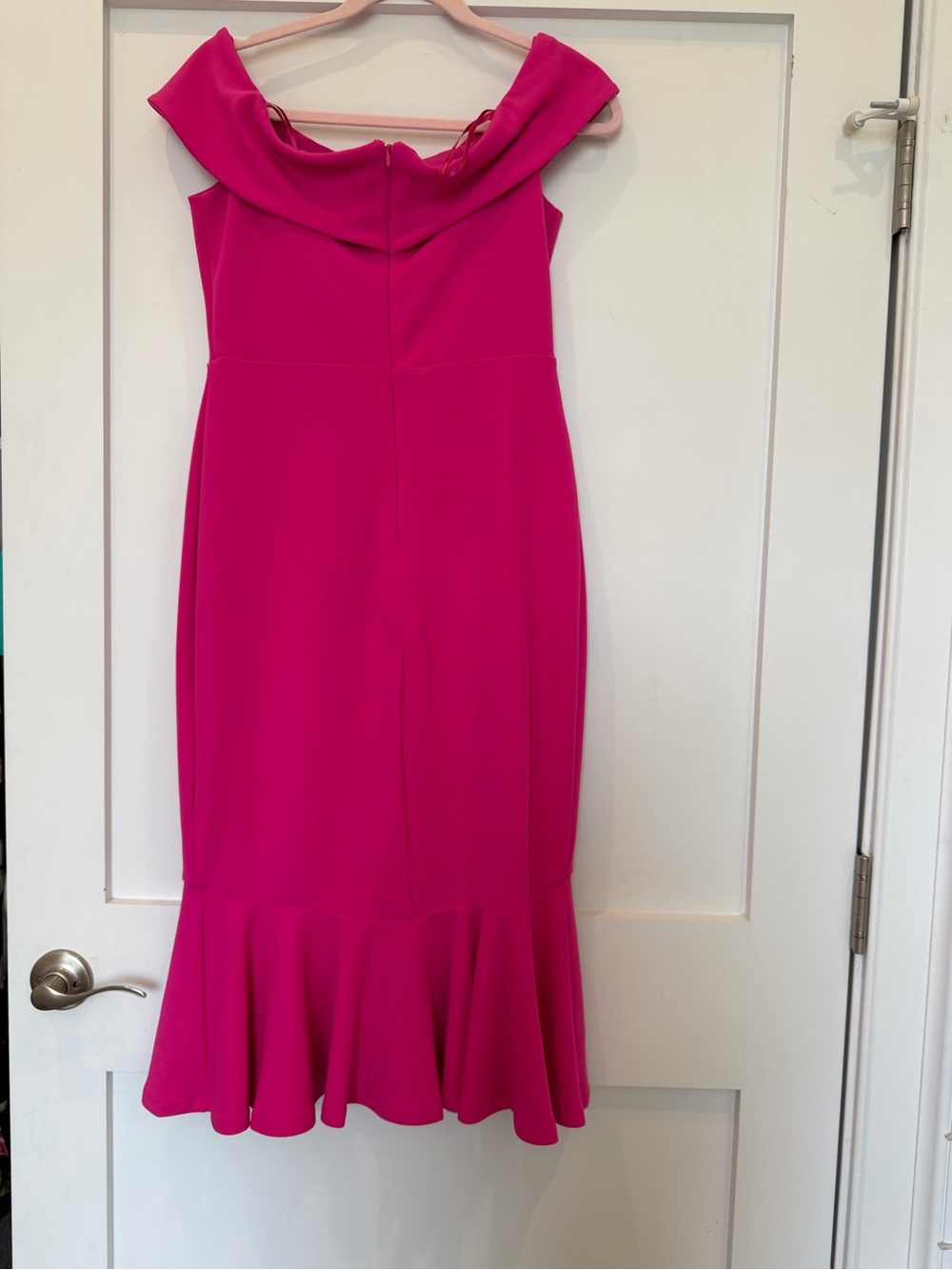 MARINA Off-The-Shoulder Midi Dress in Bright Fuchsia